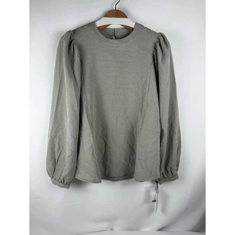 NWT Women's Treasure & Bond Blouse Gray/Tan Check Pattern Puff Sleeve Size XL